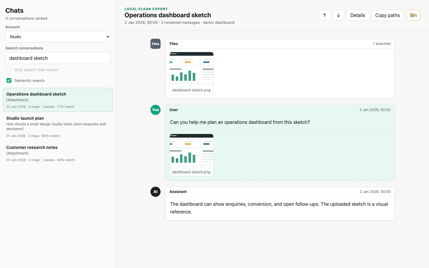 Local archive viewer showing semantic search with fictional Studio conversations