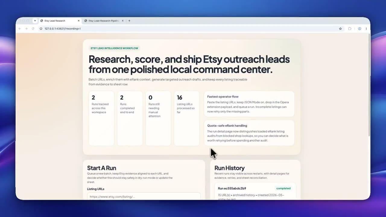 Local Etsy lead research dashboard shown in the project walkthrough