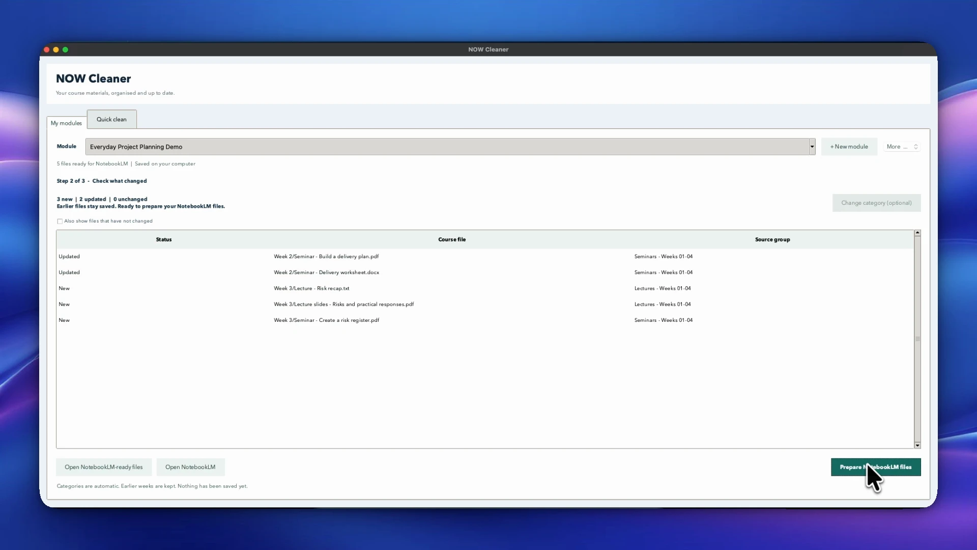 NOW Cleaner showing new and updated files in a fictional course module