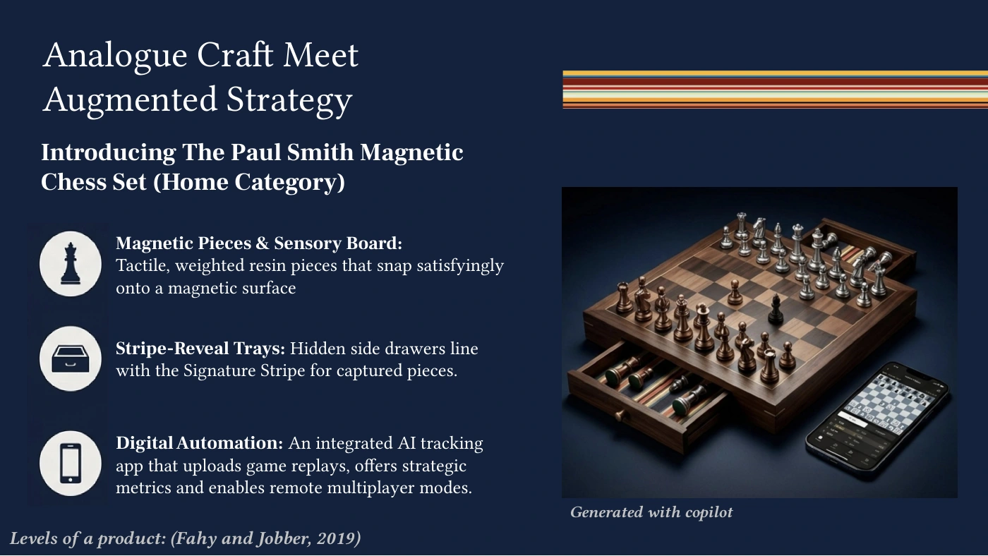 Academic group-presentation slide illustrating the proposed smart chessboard with Copilot-generated concept artwork