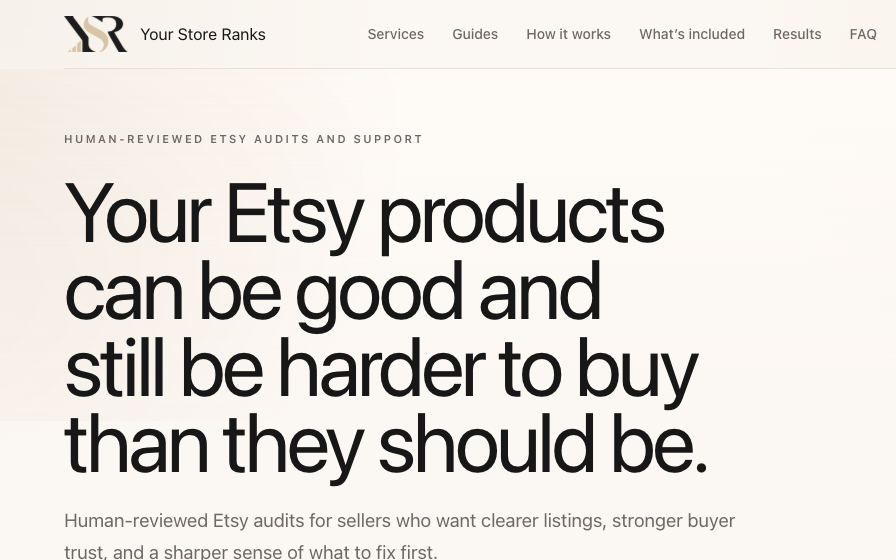 Public Your Store Ranks website introducing its Etsy audit and support offering